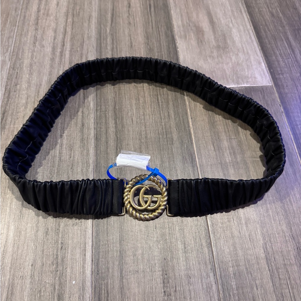 Gucci Ruched Black Elastic Belt with Brushed Gold GG Buckle